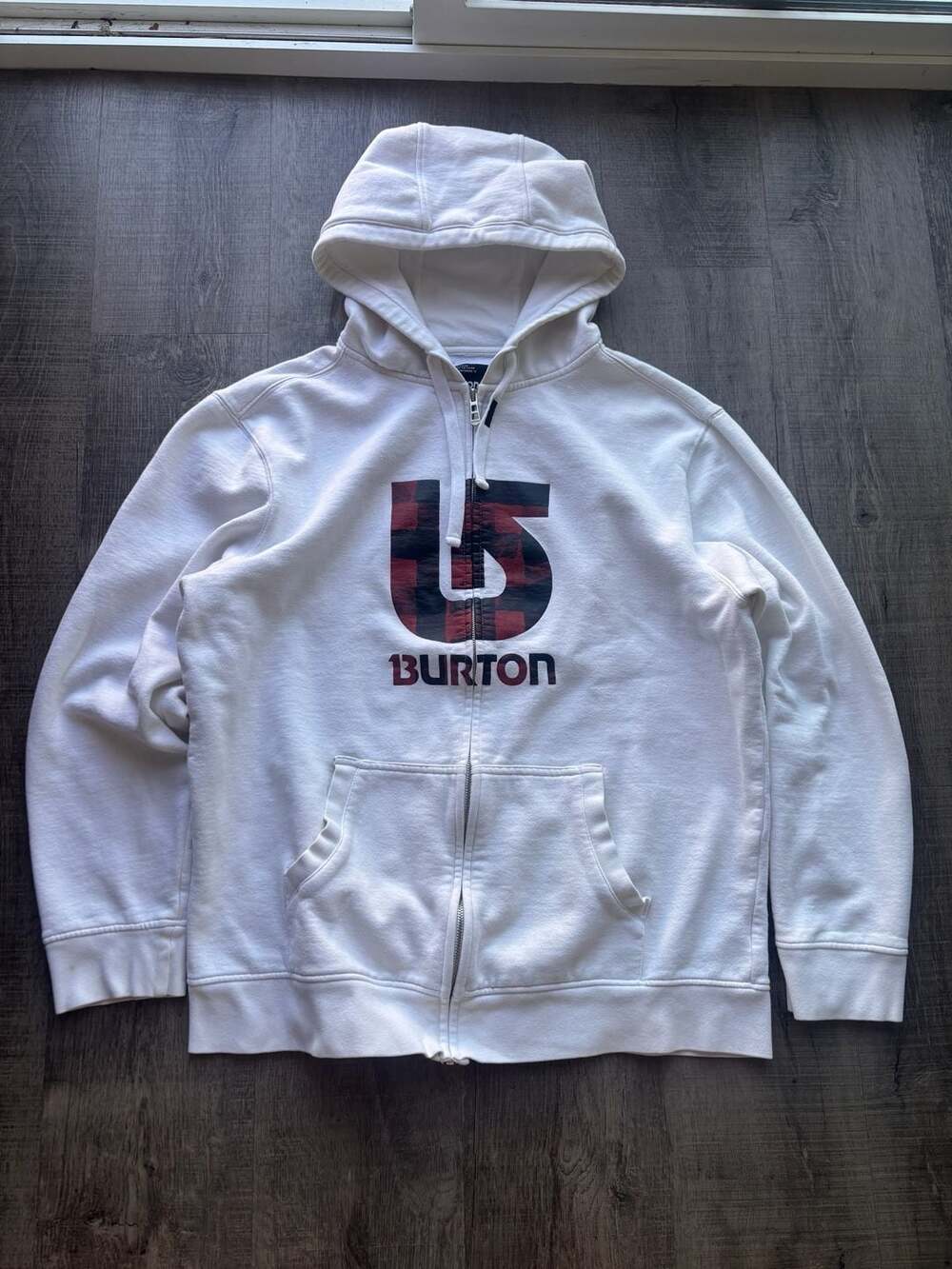 Burton White Zip Up Hoodie Sweatshirt with Plaid Logo XL